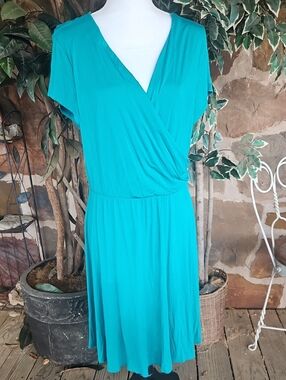 Teal Short-Sleeve Faux-Wrap Casual Dress